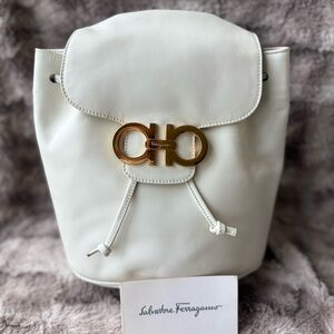 Salvatore Ferragamo Cream white Leather Backpack Gancini Gold Accents bag